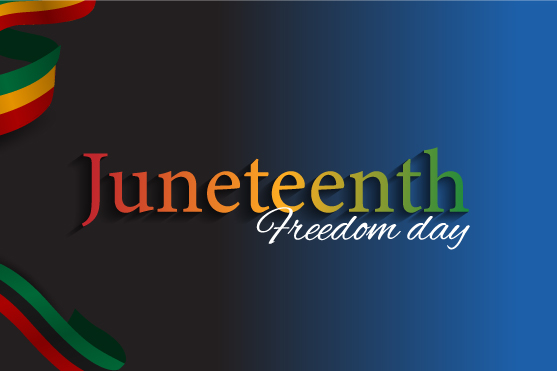 Juneteenth Freedom Day surrounded by celebratory ribbons