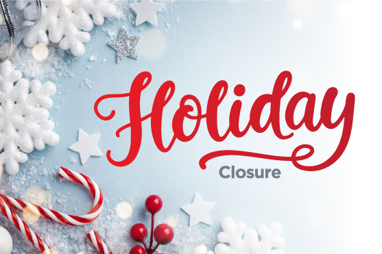Snowflakes, candy canes, decorative berries, stars, and Holiday Closure text