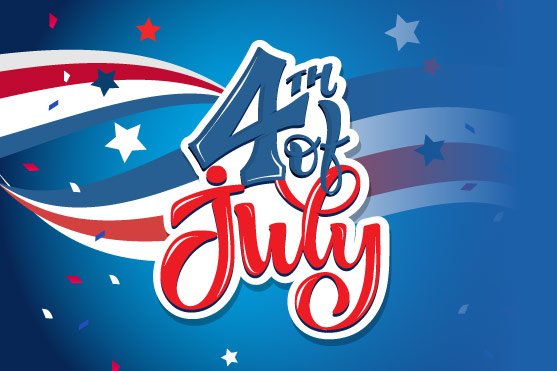 Patriotic stars and stripes swirling around 4th of July text.