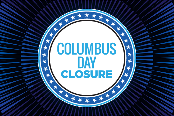 A burst pattern surrounding a circle of stars with Columbus Day Closure text.