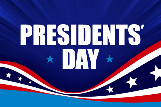 Swirling banner with stars and stripes underneath Presidents' Day text.
