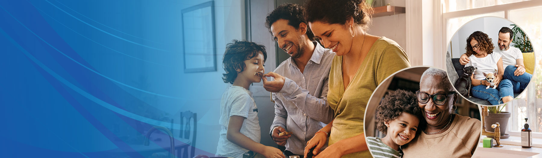 Three families enjoying activities inside their homes