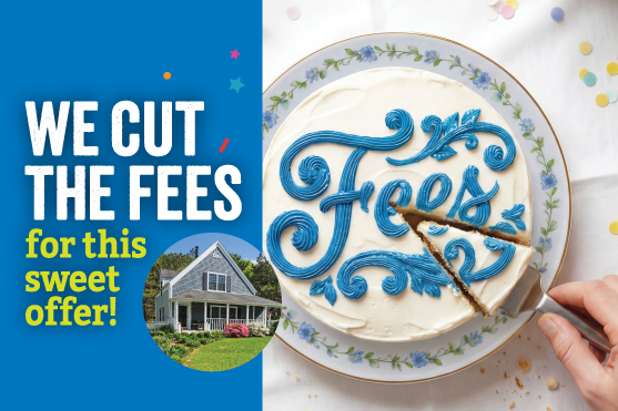 Cake with the word fees written on it in frosting, house with shrubs and flowers. 