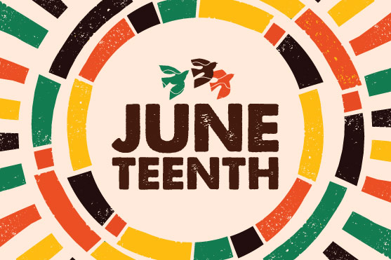Circle and sunshine-style burst composed of color blocks with Juneteenth text.