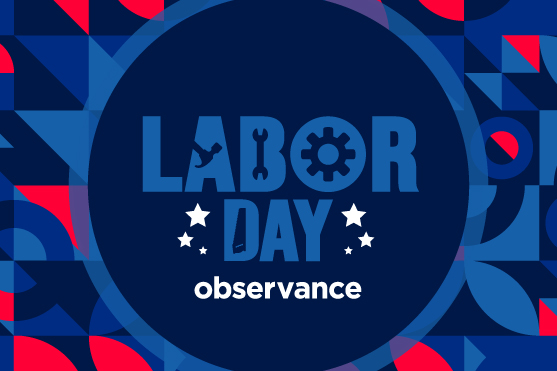 Decorative Labor Day observance text in a circle, surrounded by stars and interlocking geometric shapes.