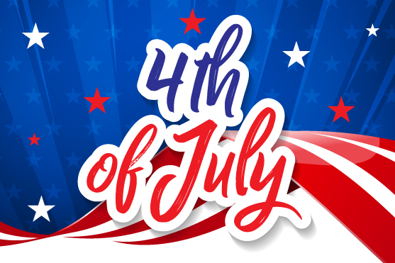 Patriotic stars, stripes, and ribbons surrounding 4th of July script.